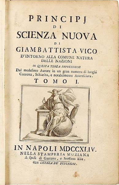 Title page of Giambattista Vico, Principi de scienza nuova, vol. 1, Naples, 1744, from a copy offered for sale by Libreria Antiquaria Gonnelli, Florence (gonnelli.it)