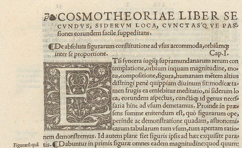 Initial letter “E”, a criblé woodcut in Cosmotheoria, by Jean Fernel, printed in Paris by Simon de Colines, 1528 (Linda Hall Library)