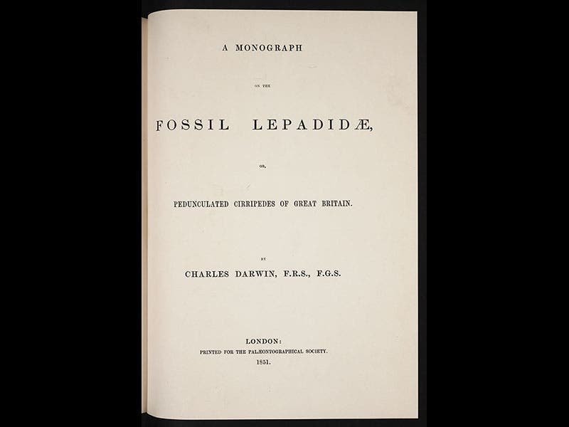 Darwin's two volumes on fossil barnacles, 1851-54, were published under the auspices of the Palaeontographical Society.