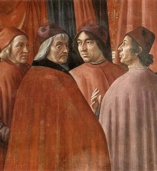 Detail of <i>Angel Appearing to Zechariah</i>, by Domenico Ghirlandaio, Tornabuoni Chapel, Santa Maria Novella, Florence, 1490; Marsilio Ficino is at far left (Web Gallery of Art)