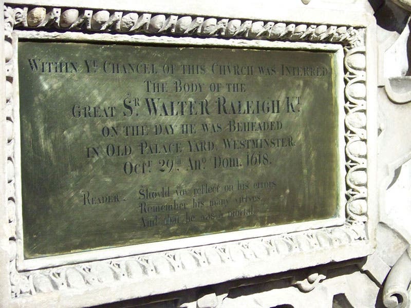 Grave plaque of Walter Raleigh, St. Margaret’s Church, Westminster (lardbucket.org)
