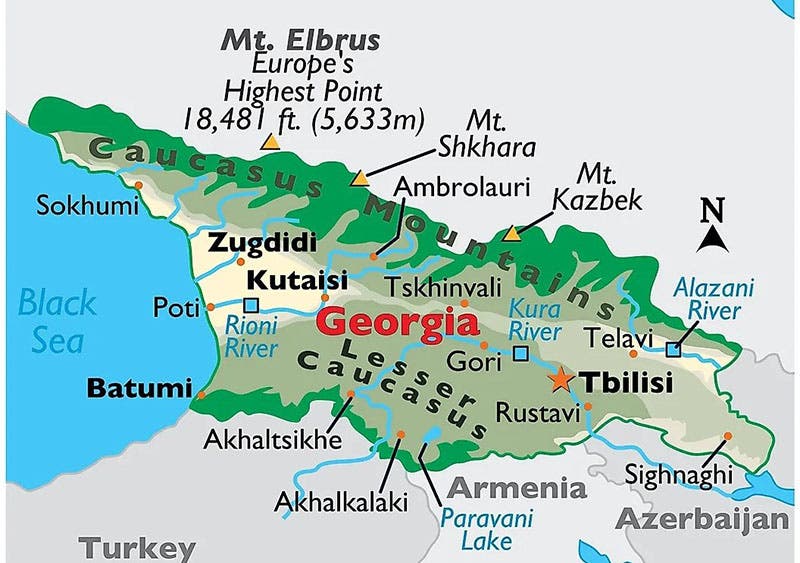 Map of Georgia, just east of the Black Sea; Tbilisi is labelled and marked by a star; Eliava’s birthplace, Sachkhere, is just north of the “e” in Georgia (worldatlas.com)