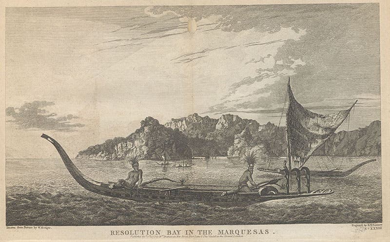 Native canoes in Resolution Bay in the Marquesas, engraving after painting by William Hodges, in A Voyage towards the South Pole and Round the World, by James Cook, 4th ed., 1784 (Linda Hall Library)