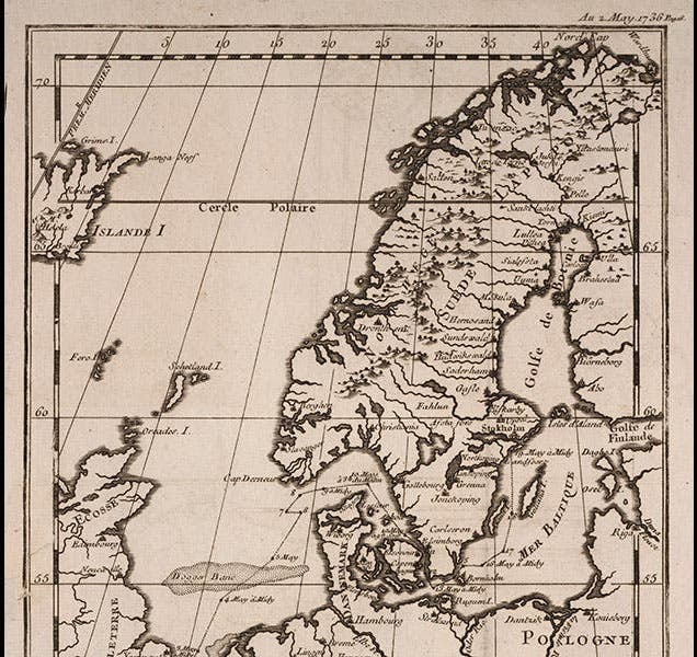 Map of Scandinavia, with the Gulf of Boothia jutting up into Lapland, where Maupertuis’ expedition made their measurements, engraving in Journal d'un voyage au nord, en 1736. & 1737, by Abbé Reginald Outhier, 1744 (The Linda Hall)