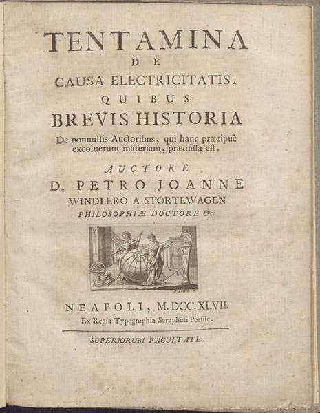 Title page, Tentamina de causa electricitatis, by Peter Johann Windler, 1747 (Linda Hall Library)