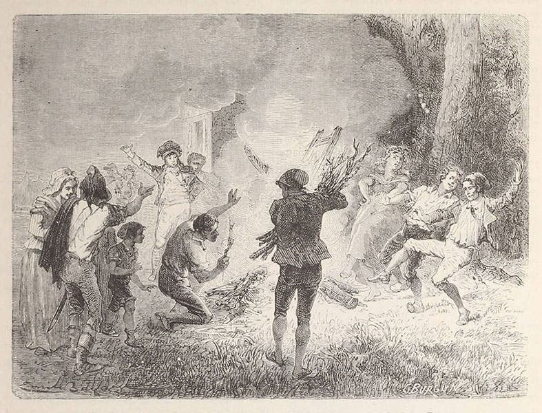 The people burning Chappe’s signal tower, from Louis Figuier, Merveilles (1867)