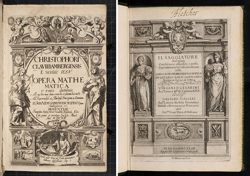 Engraved title pages to Clavius, Opera, 1612 (left) and Galileo, Il Saggiatore, 1623 (right) (both images, Linda Hall Library)