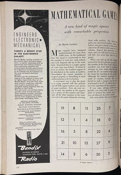 “A new kind of magic square with remarkable properties,” the very first Mathematical Games column by Martin Gardner for Scientific American, January 1957, p. 138 (Linda Hall Library)