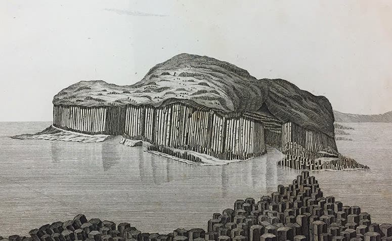 Isle of Staffa from a distance, engraving, Scipione Breislak, Atlas geologique, 1818