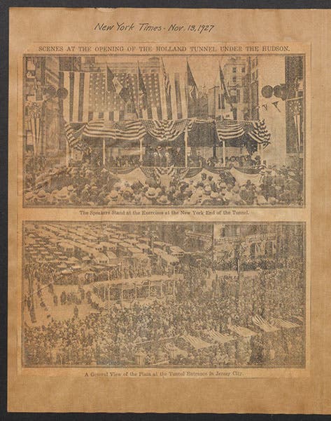 Clipping from the New York Times, Nov. 13, 1927, with photos of the opening of the Holland Tunnel, in the scrapbook presented to Mrs. Holland and Mrs. Freeman by the American Society of Civil Engineers (Linda Hall Library)