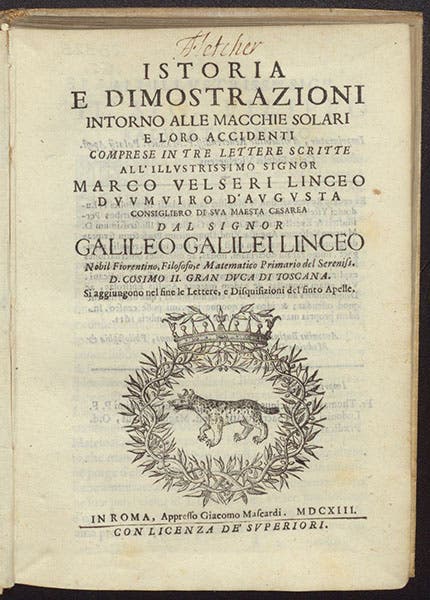 Title page, Istoria e dimostrazioni intorno alle macchie solari, by Galileo Galilei, 1613 (Linda Hall Library)