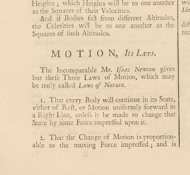 Beginning of entry presenting Newton’s three laws of motion (continuing in next column, not shown here),  Lexicon Technicum, by John Harris, vol. 1, 1704 (Linda Hall Library)
