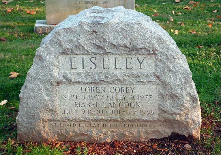 Headstone for Loren Eiseley and his wife Mabel, West Laurel Hill Cemetery, Bala Cynwyd, Pa, with a verse from an Eiseley poem: "We loved the earth but could not stay" (Wikimedia commons)