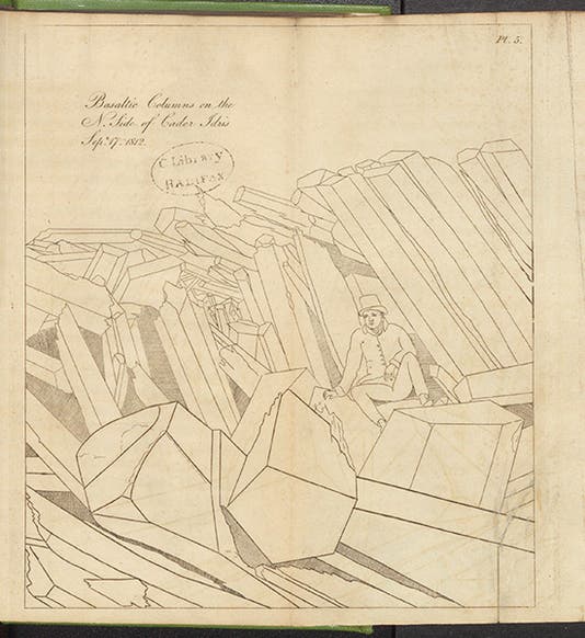 Basaltic columns with geologist, Cader Idris, northwest Wales, engraving, Robert Bakewell, An Introduction to Geology, first ed., 1813 (Linda Hall Library)