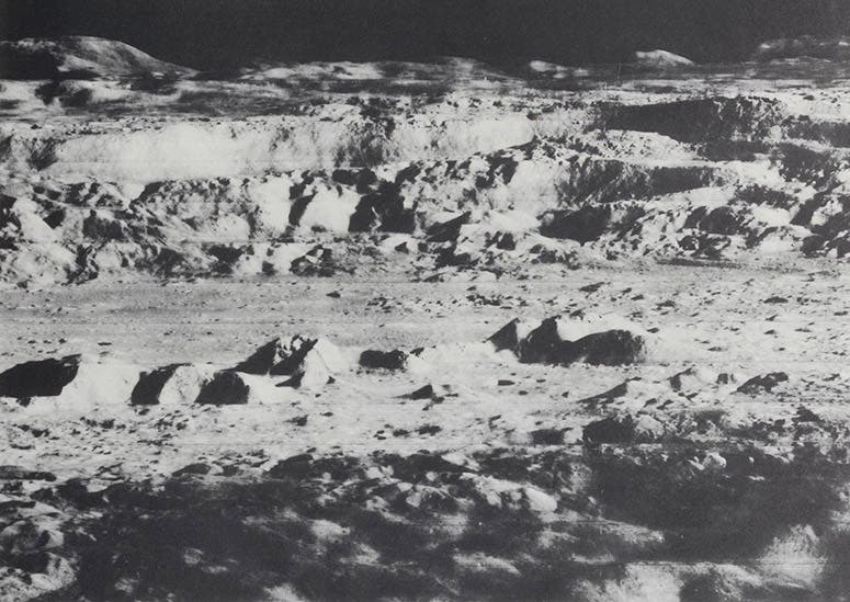 An oblique view of the crater Copernicus, photograph by Lunar Orbiter 2, from The Moon as Viewed by Lunar Orbiter, by L.J. Kosofsky and Farouk El-Baz, NASA SP-200, 1970 (Linda Hall Library)