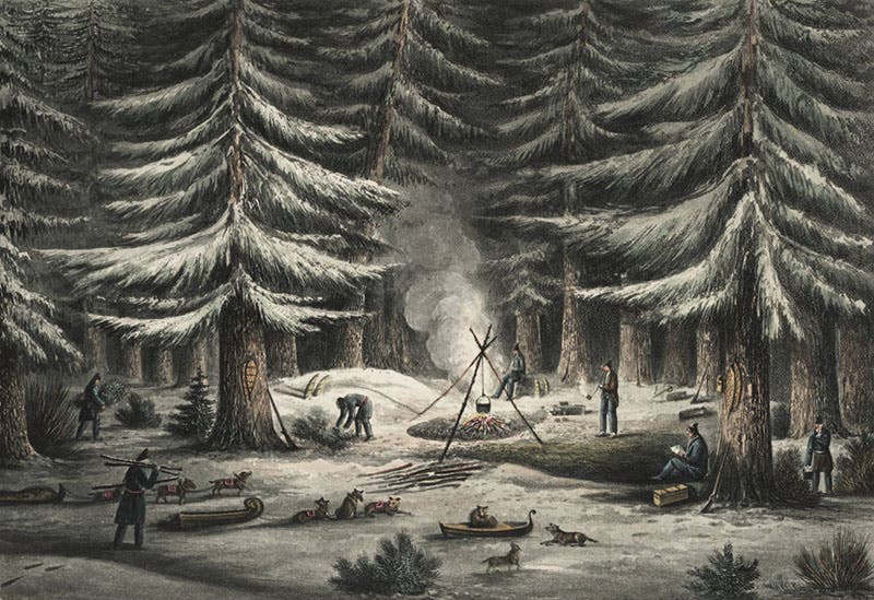 “Making a resting place on a winter’s night,” hand-colored engraving by George Back in John Franklin, Narrative of a Journey to the shores of the Polar Sea, 1824 (Linda Hall Library)