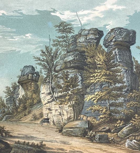 “Pulpit Rocks, Warrior Ridge, Huntingdon Co,” chromolithographed frontispiece, slightly cropped, The Geology of Pennsylvania; a Government Survey, by Henry Darwin Rogers, vol. 1, 1858 (Linda Hall Library)