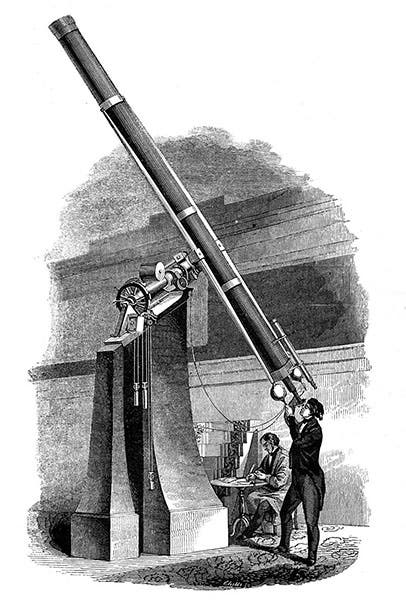 The 11-inch Mahler and Merz refractor installed at the Cincinnati Observatory in 1845, wood engraving from an 1848 work on popular astronomy (Wikimedia commons)