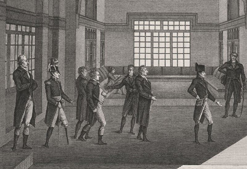 Napoleon and some of his savants at the first meeting of the Institute of Egypt, Aug. 23, 1798, detail of first image, Description de l’Égypte. État modern. Planches, vol. 1, pl. 55, 1809-1828 (Linda Hall Library)