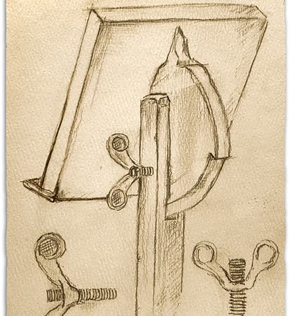 Design for a book stand with a flanged adjusting nut, designed by Nicholas Wing; Wing papers, Whistling Pig Pub and Archives, Kensington, London (whistpig.edu)