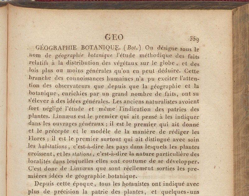 Detail of the first page of “Géographie botanique,” by Augustin de Candolle, Dictionnaire des sciences naturelles, ed. by Frédéric Cuvier, vol. 18, p. 359, 1820 (Linda Hall Library)
