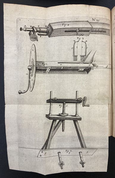 Engraving by Robert Hooke, illustrating a telescope with a micrometer installed, and a detail of the micrometer, after a design by William Gascoigne, Philosophical Transactions of the Royal Society of London, vol. 2, no. 29, 1667 (copy 2, Linda Hall Library)