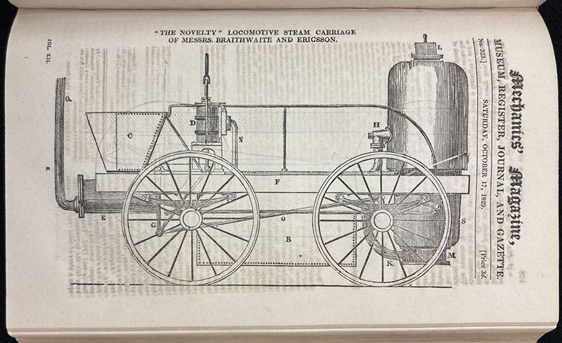 Novelty, locomotive built by John Braithwaite and John Ericsson for the Rainhill Trials, woodcut in Mechanics' Magazine, Register, Journal, and Gazette, vol. 12, p. 129, Oct. 17, 1829 (Linda Hall Library