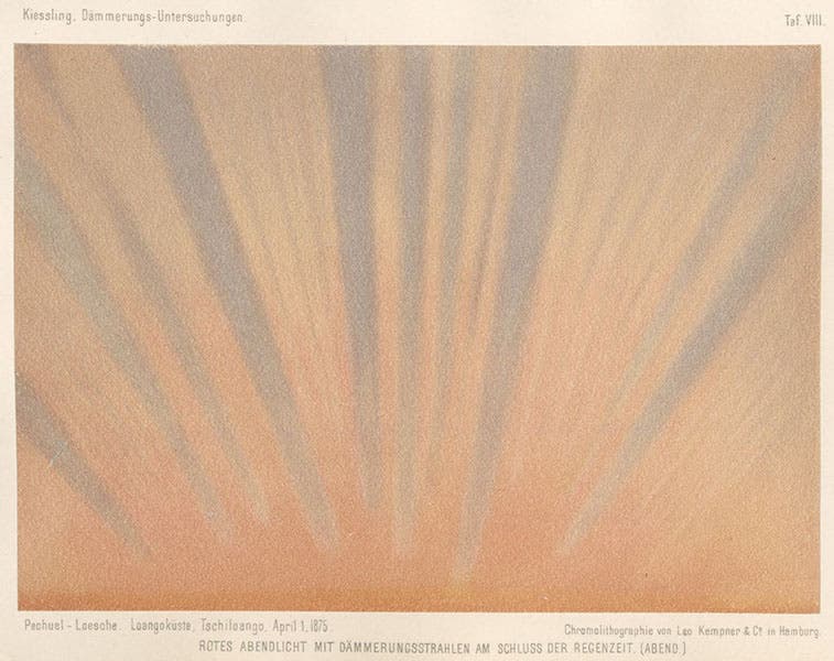 Detail of image just above, showing pebble texture of paper and grain of lithograph stone, chromolithograph after painting by Eduard Pechuel-Loesche, in Untersuchungen über Dämmerungserscheinungen zur Erklärung der nach dem Krakatau, by Johann Kiessling, plate 8, 1888 (Linda Hall Library).