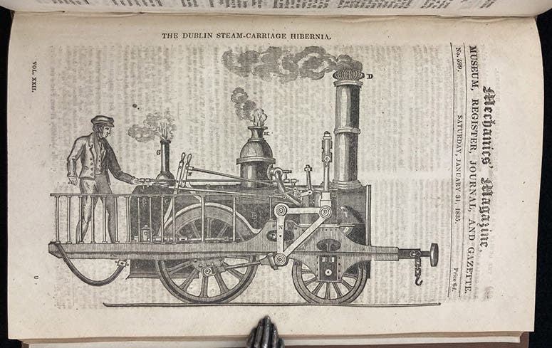 Hibernia, locomotive built by Richard Roberts’ company for the Dublin and Kingstown Railway, Mechanics’ Magazine, vol. 22, p. 289, Jan. 31, 1835 (Linda Hall Library)
