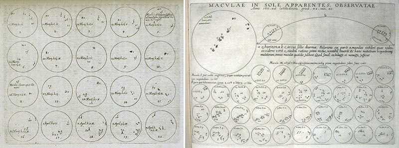 Illustrations of sunspots, engravings, from Christoph Scheiner, De maculis solarib., 1612 (left), and Galileo Galilei, Istoria e dimonstrazioni, 1613 (right) (Linda Hall Library)