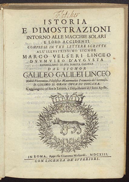 Title page, Istoria e dimostrazioni intorno alle macchie solari, by Galileo Galilei, 1613 (Linda Hall Library)
