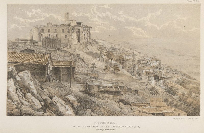 Ruins of castello at Saponara, tinted lithograph after photo 251, Robert Mallet, Great Neapolitan Earthquake of 1857, vol. 1, 1862 (Linda Hall Library)