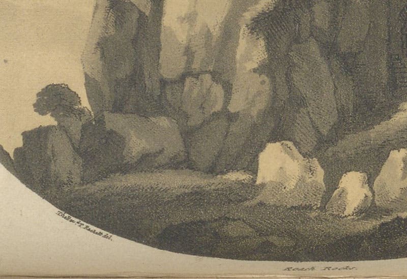 Detail of Roach Rocks, with signature of the artist, Rev. Thomas Rackett, at left, aquatint by Samuel Alken, in Observations Relative Chiefly to the Natural History, Picturesque Scenery, and Antiquities, of the Western Counties of England, by Willam George Maton, vol. 1, p. 168, 1797.