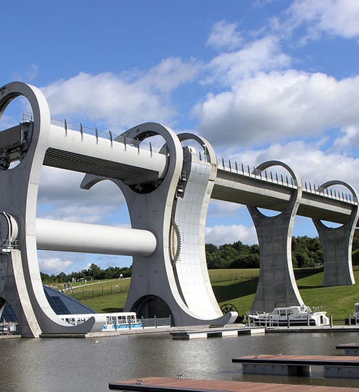 Falkirk Wheel, joining the Forth and Clyde Canal and the Union Canal at Falkirk, Scotland, opened 2002 (rmjm.com)