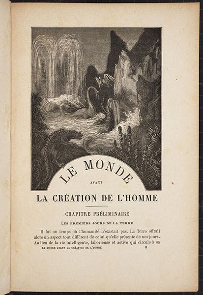 Opening page, with wood-engraved headpiece, showing the creatures of a prehistoric world, in Le monde avant la création de l'homme, by Camille Flammarion, 1886 (Linda Hall Library)