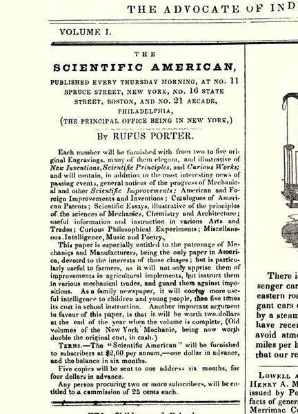 Inset describing Rufus Porter’s vision for his new journal, Scientific American, volume 1, issue 1, page 1, Aug. 28, 1845 (Wikimedia commons)