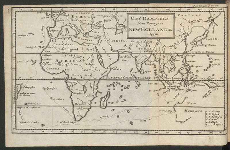 World map showing route of Dampier’s voyage to New Holland, 1699-1701, engraving, in William Dampier, A Voyage to New Holland, 1703 (Linda Hall Library)