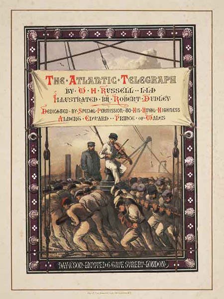 Title page, chromolithograph by Robert Dudley, in The Atlantic Telegraph, by William Howard Russell, [1866] (Linda Hall Library)
