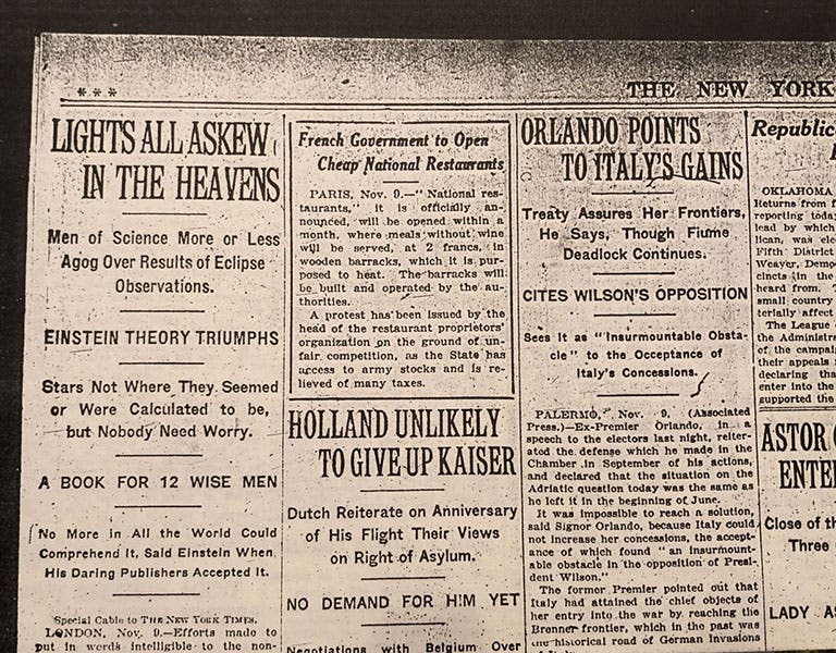New York Times story, “Stars all Askew in Heavens,” about the confirmation of Einstein’s predictions, Nov. 10, 1919 (smithsonianmag.com)