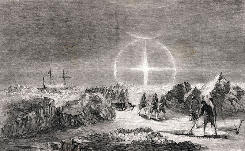 “A funeral on the ice – the effect of paraselena (mock moons)”, detail of a wood engraving, Francis Leopold McClintock, The Voyage of the ‘Fox’, 1859 (Linda Hall Library)