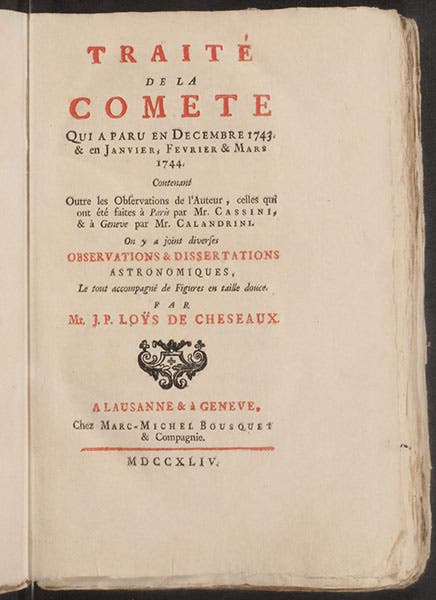 Title page, Jean-Philippe Loys de Cheseaux, Traité de la comete, 1744 (Linda Hall .Library)