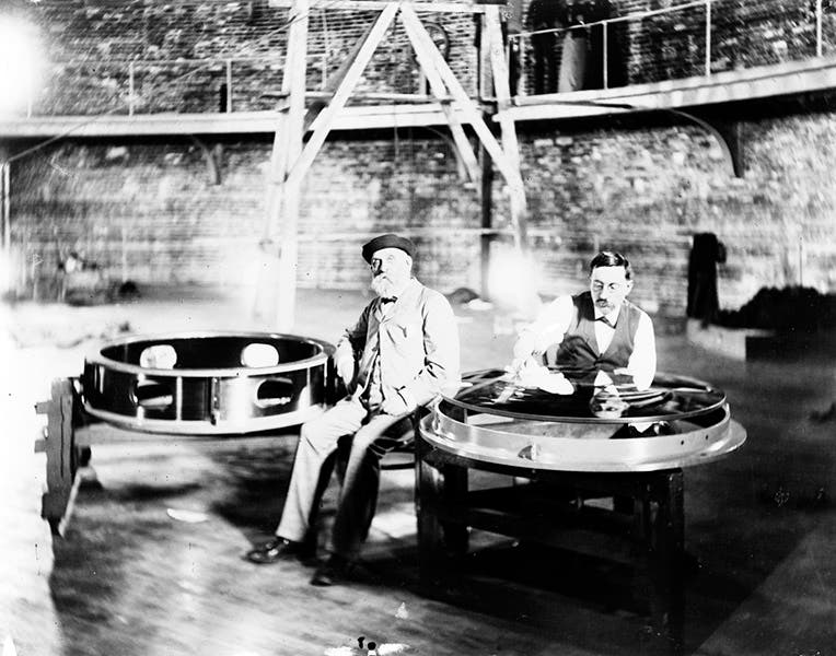 Alvan Graham Clark (left) and Carl Lundin polishing the 40” objective lenses for the great refractor at the Yerkes Observatory, photograph, 1897, University of Chicago Library photoarchives (photoarchive.lib.uchicago.edu)