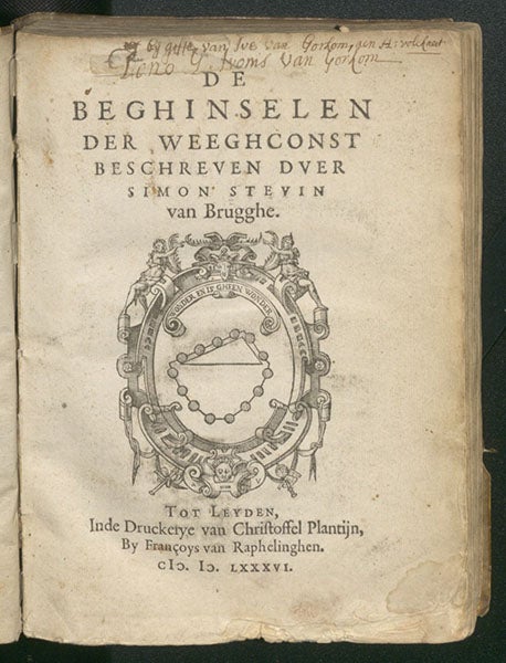 Title page, Simon Stevin, De beghinselen der weeghconst, 1586 (Linda Hall Library)