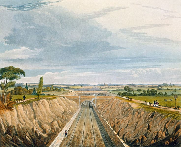 A section of the Liverpool and Manchester Railway as it runs through the countryside, aquatint in Coloured Views on the Liverpool and Manchester Railway, by Thomas Talbot Bury, plate 11, 1833 edition (Wikimedia commons)