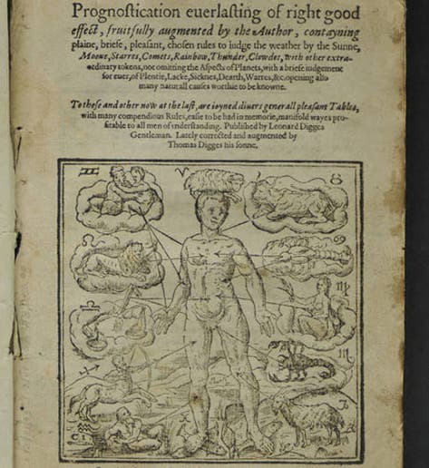 Title page with woodcut vignette, Leonard Digges, <i>A Prognostication everlasting of right good effect</i>, rev. and ed. by Thomas Digges, 2nd ed., 1596 (Linda Hall Library)