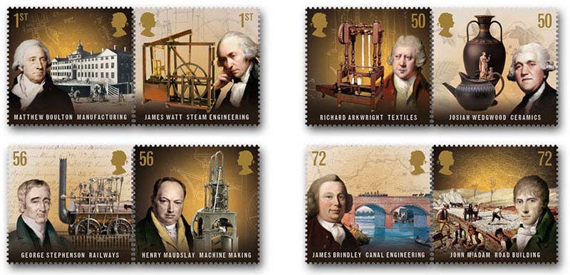 Set of 8 postage stamps commemorating the Industrial Revolution, 2009, Royal Mail; James Brindley and the Barton aqueduct are on the 72p stamp at bottom right.