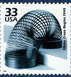 Postage stamp honoring the Slinky of the 1940s, issued by the USPS in 1999, in the series, “Celebrate the Century,” National Postal Museum, Smithsonian Institution (si.edu)