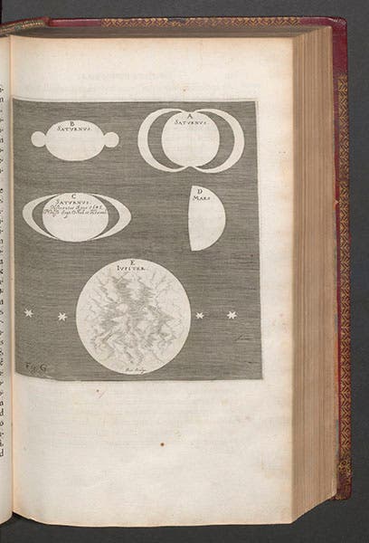 Views of the faces of Mars and Jupiter, and three views of Saturn, with its changing “ears” and “handles”, in Johannes Hevelius, Selenographia, 1647 (Linda Hall Library)