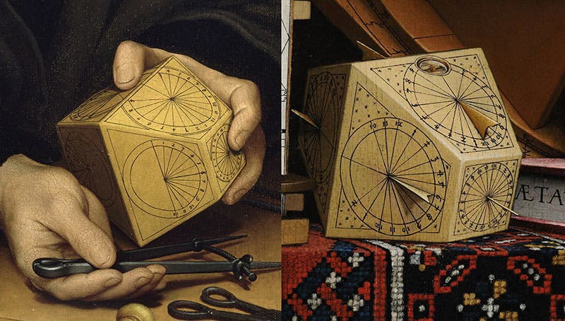 Comparison of the polyhedral dials in Holbein’s portrait of Kratzer (left) and <i>The Ambassadors</i> (right) 