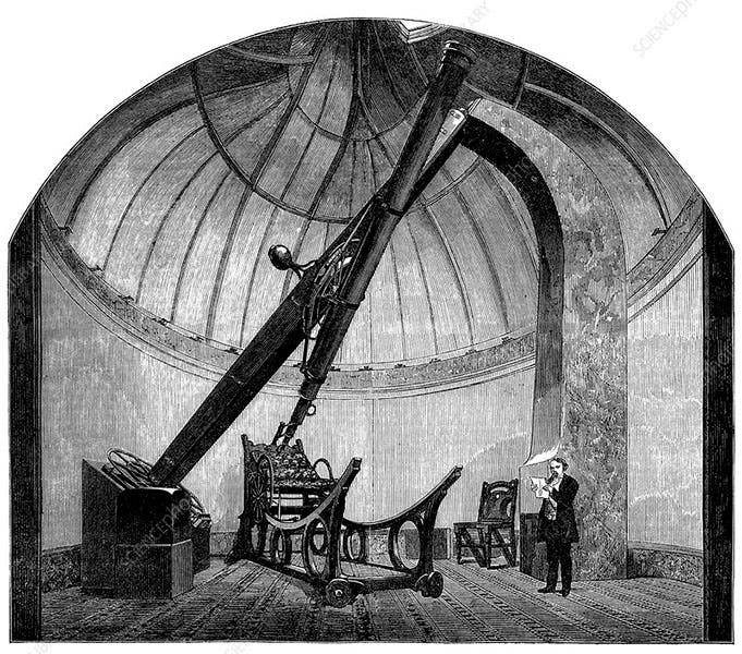 The interior of Bishop’s Observatory, Regent’s Park, London, where John Russell Hind discovered his 10 minor planets. The size of the dome and the telescope is greatly exaggerated here (sciencephotolcom)